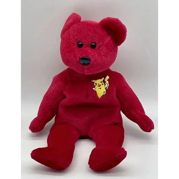Pokemon Picabear Red With Pikachu Logo Beanie Baby 1999 Vintage 8.5” Retired - Picture 1 of 6
